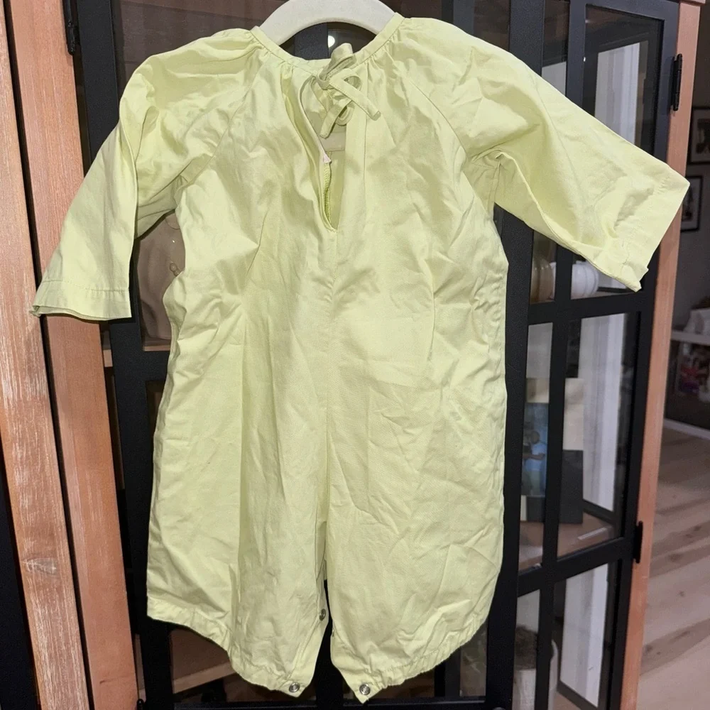Vintage French mon lion embroidered romper coverall baby girl long sleeve lime